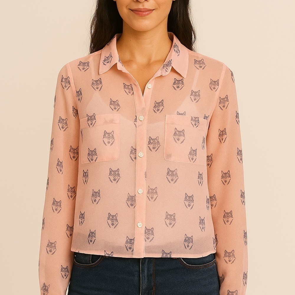 Aeropostale NWOT Wolf Pink Sheer Cropped Button-down Blouse Collared shirt small